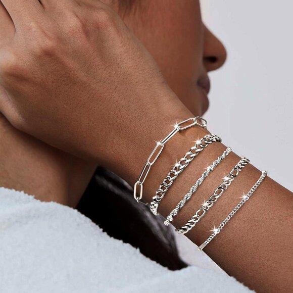 Silver-04 Dainty Stack Cuban Beaded Paperclip Bracelets Jewelry Gifts for Women - Picture 2 of 7